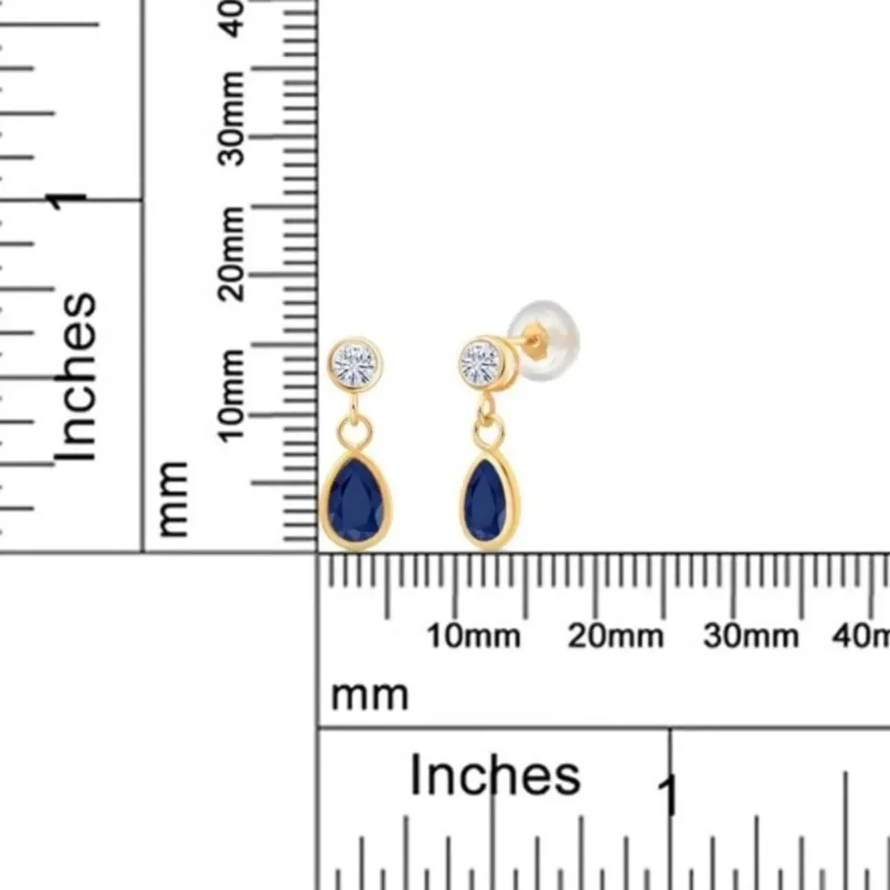 14K Yellow Gold 1.20 Cttw Navy Blue Sapphire and White Moissanite Post Earrings